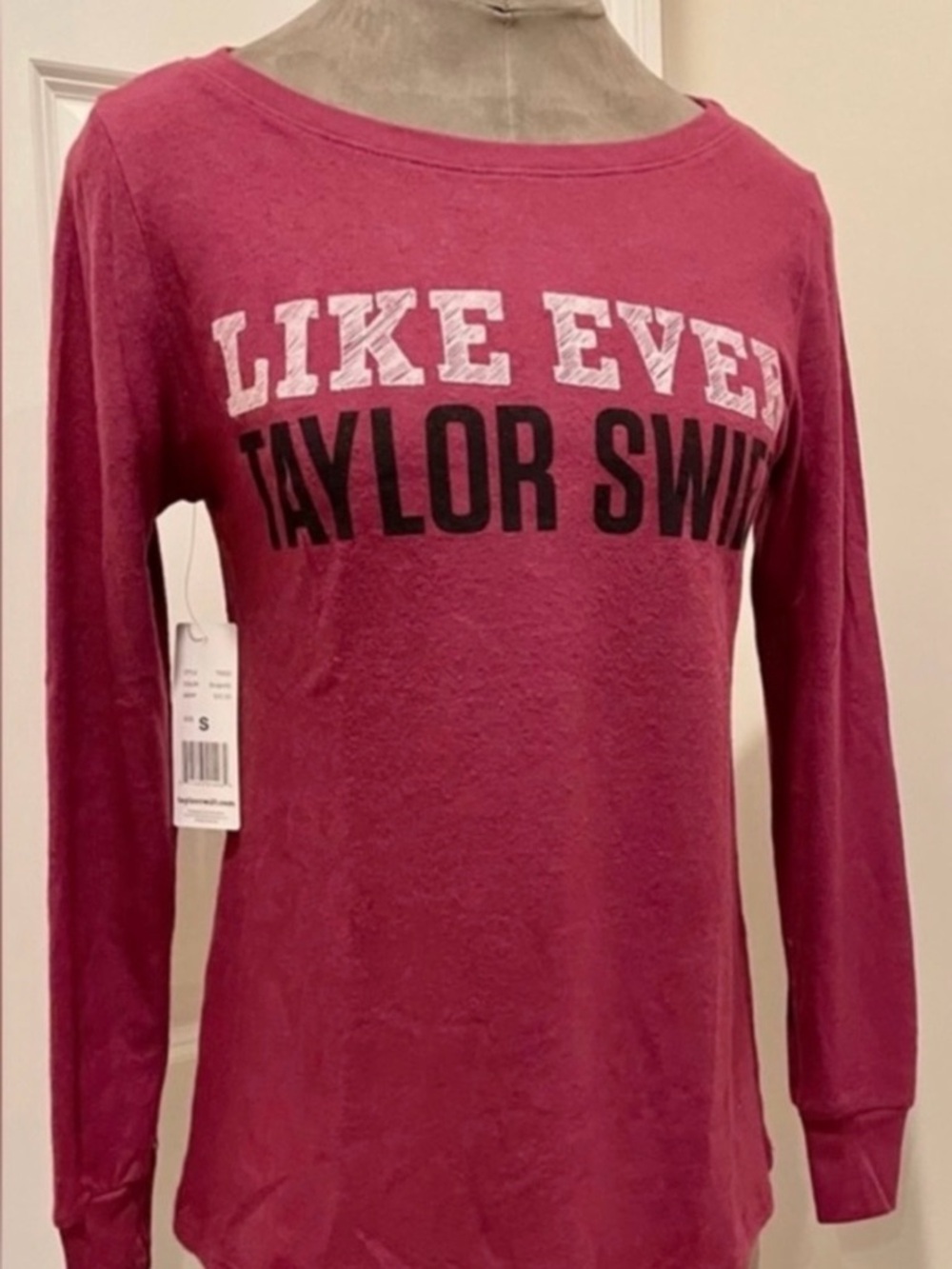 Taylor Swift Long Sleeve Tee in Deep Pink with Black & White Lettering